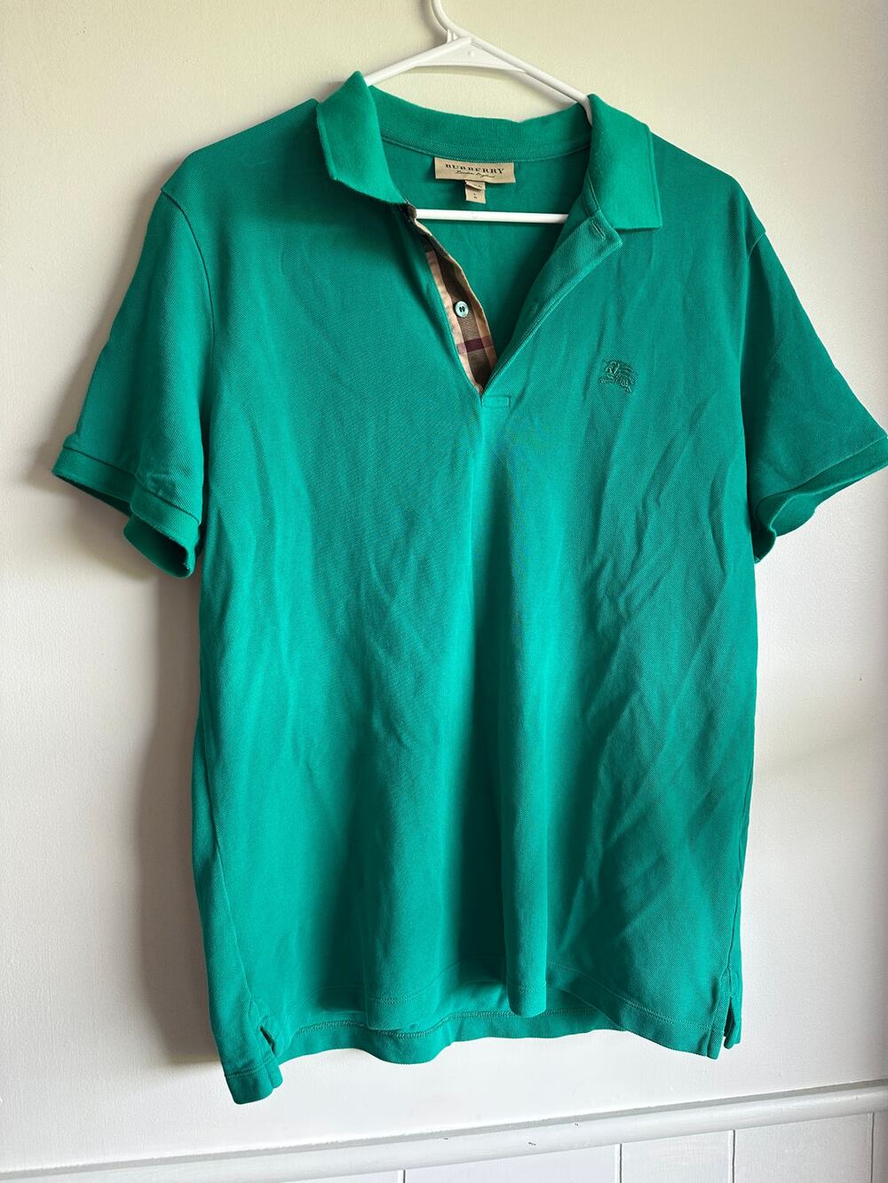 Burberry Mens Green PIQUE cotton polo shirt classic Check Placket large
